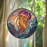 Jellyfish Stained Glass Suncatcher, Round Ocean Window Panel with Flowing Tentacles and Coral Reef, Unique Underwater Home Decor